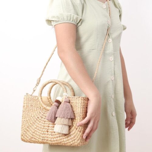 Straw purse crossbody with bag charm