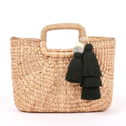 Straw purse handbag with bag charm tassel