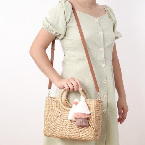 Straw bag with leather crossbody strap