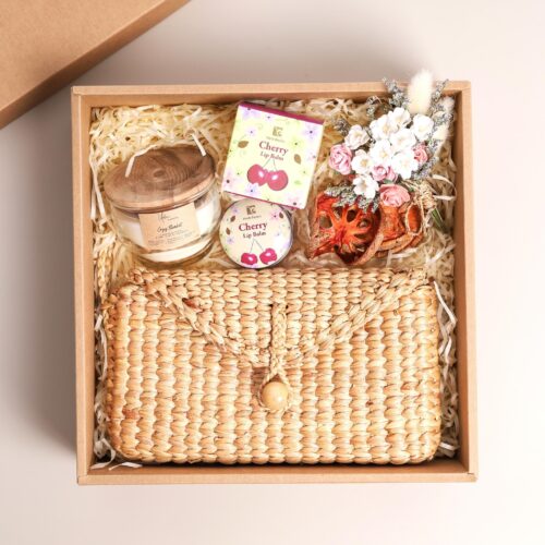 Unique gift box for women comes with woven bag, organic lip balm and scented candle in eco wrapping box