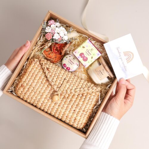 Special gift box for women comes with woven bag, organic lip balm and scented candle in eco wrapping box