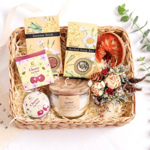 Self care gift basket for her comes with rice scrub soap, incense stick, candle and lip balm