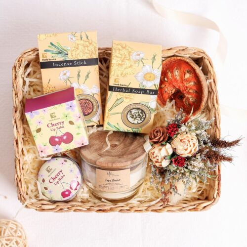 Self care gift basket for her comes with rice scrub soap, incense stick, candle and lip balm