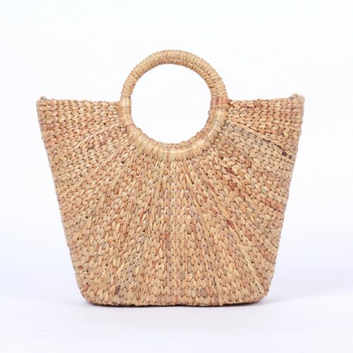 Basket tote bag made from hyacinth fibre with top double handles and top zipper