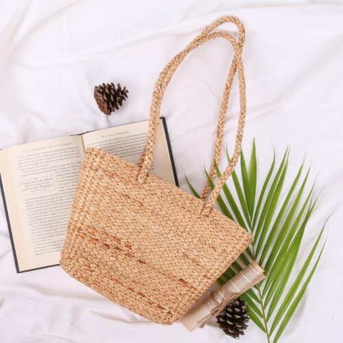 Beach basket tote bag, beige colour with top handles