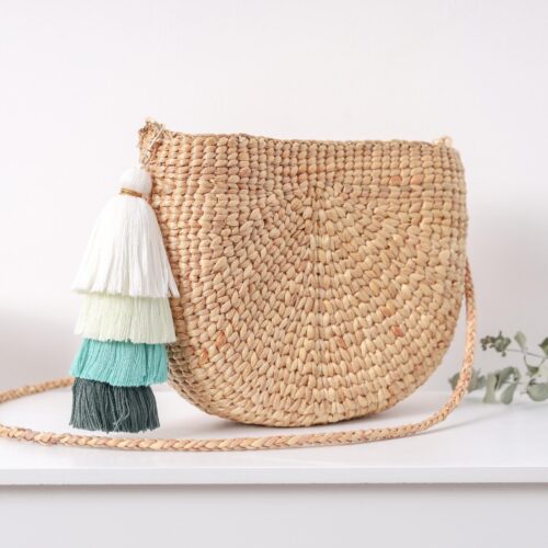 straw handbag with cute ombre green tassel