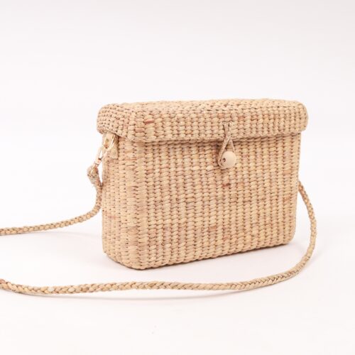 vegan handbag made from rattan straw bag in natural beige colour.